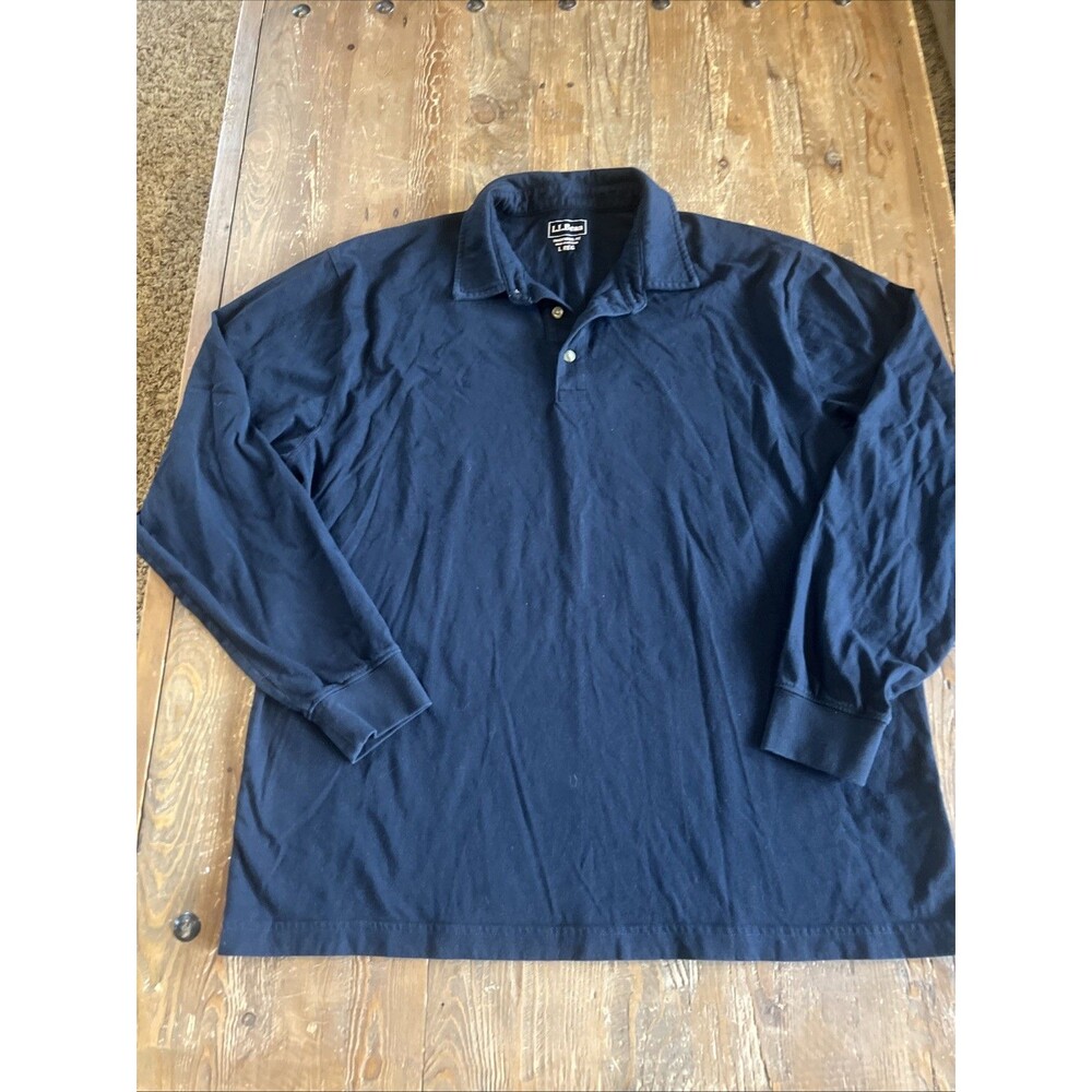 LL Bean Mens Large Navy Blue Long Sleeve Polo Shirt Traditional Fit 100% Cotton